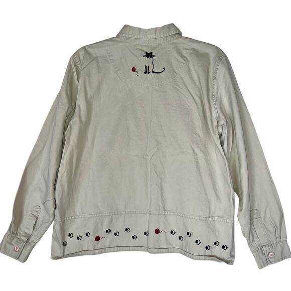 Embroidered Cat Button Up Shirt Shacket Khaki Kitty Top - Picture 3 of 10